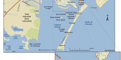 Kaart van de eilanden in de lagune van Venetië